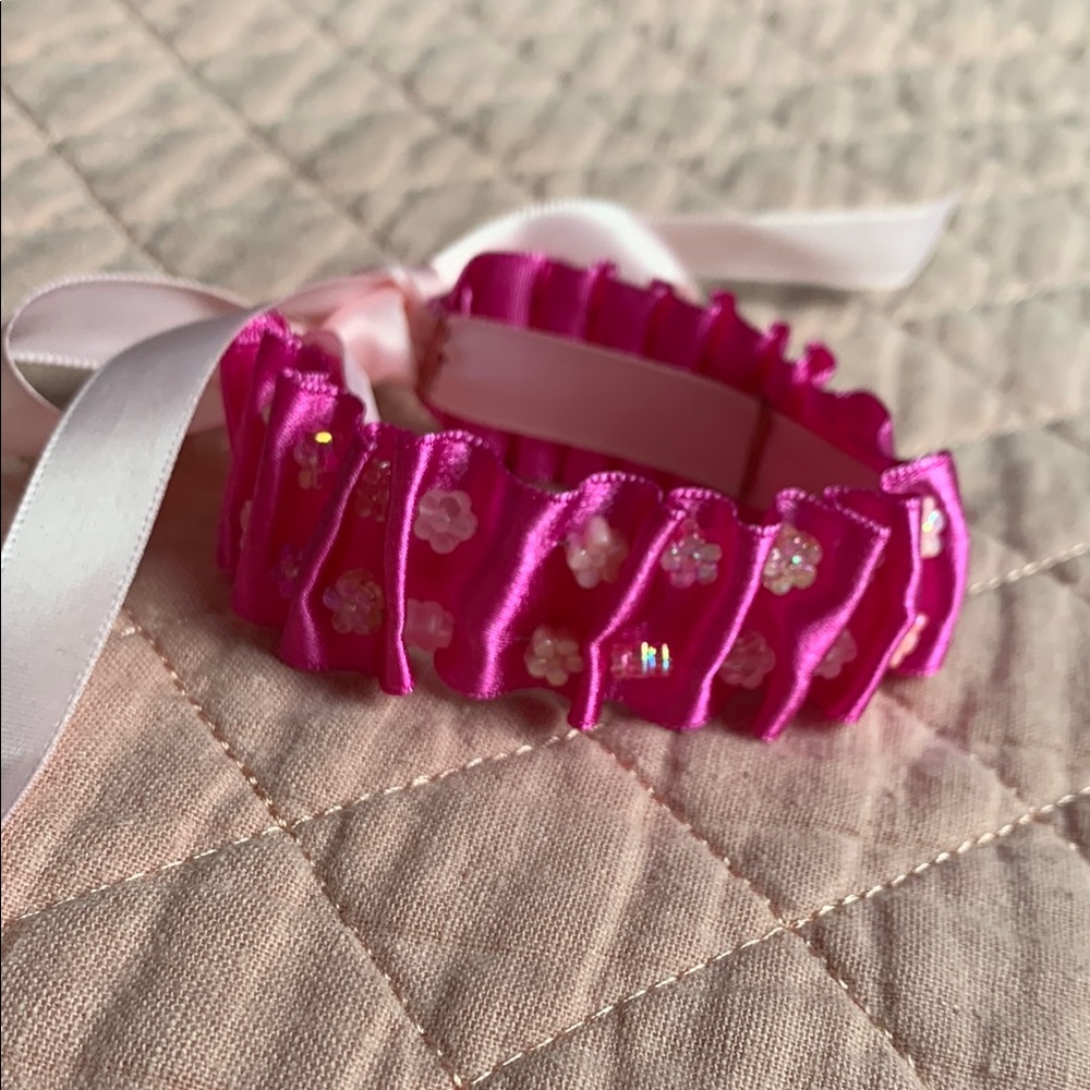 Hand crafted - Pink satin ribbon Ruffled Bracelet with White Flowers - OZ